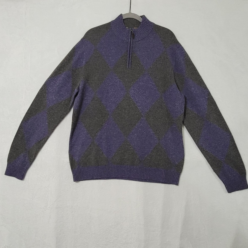 Robert Talbott Sweater Mens Large Purple Gray Argyle Half Zip Mock Neck Knit